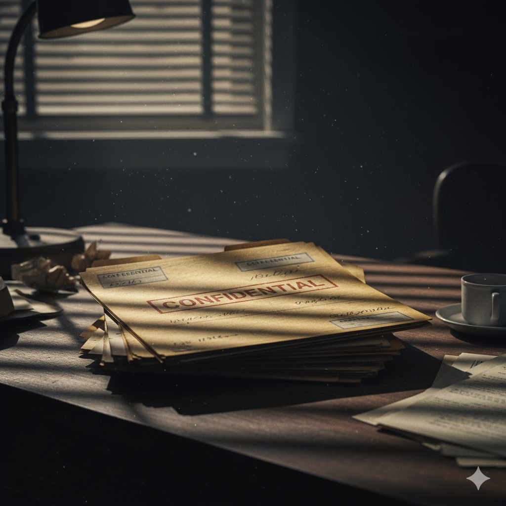 A stack of confidential case files on a desk.